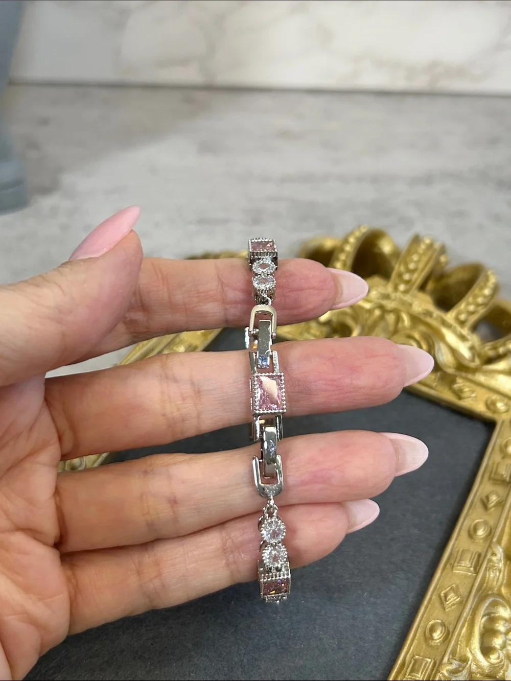 Elegant Pink & Silver Crystal Tennis Bracelet - Women Jewelry